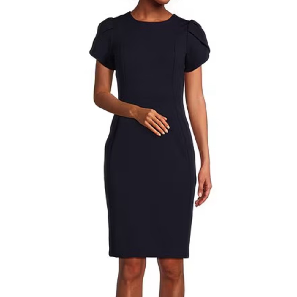 Calvin Klein sheath dress with tulip sleeves in Indigo. Size 14